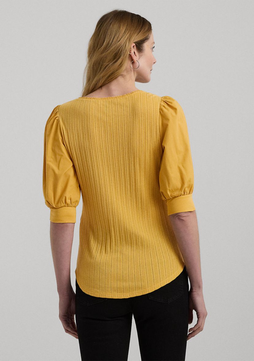 Pointelle Puff Sleeve Henley T-Shirt