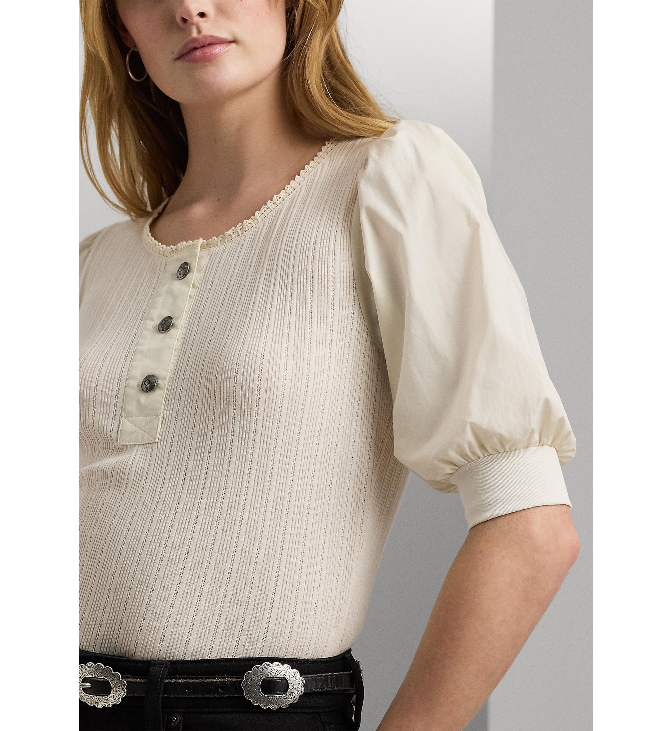 Pointelle Puff Sleeve Henley T-Shirt