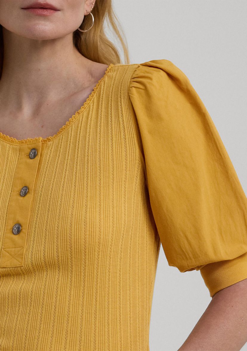 Pointelle Puff Sleeve Henley T-Shirt