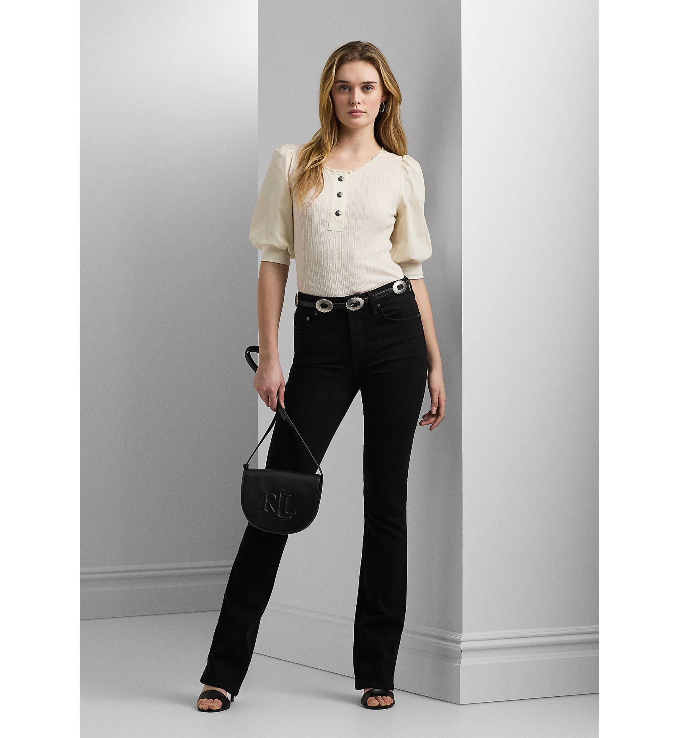 Pointelle Puff Sleeve Henley T-Shirt