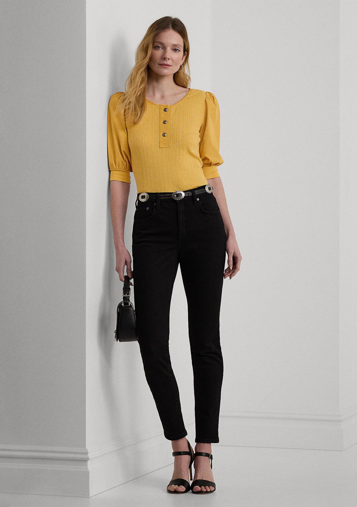 Pointelle Puff Sleeve Henley T-Shirt