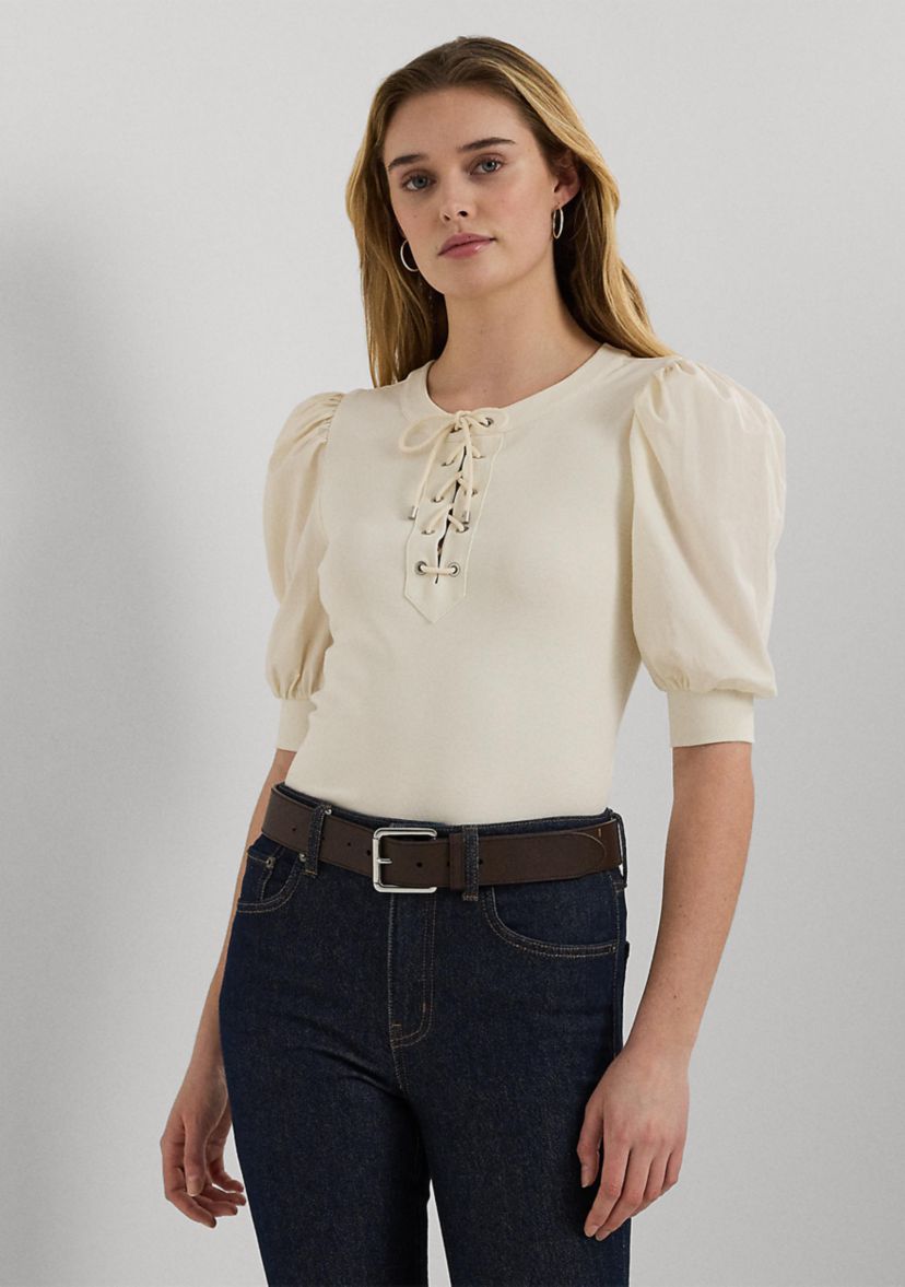 Petite Lace Up Stretch Cotton Puff Sleeve Top
