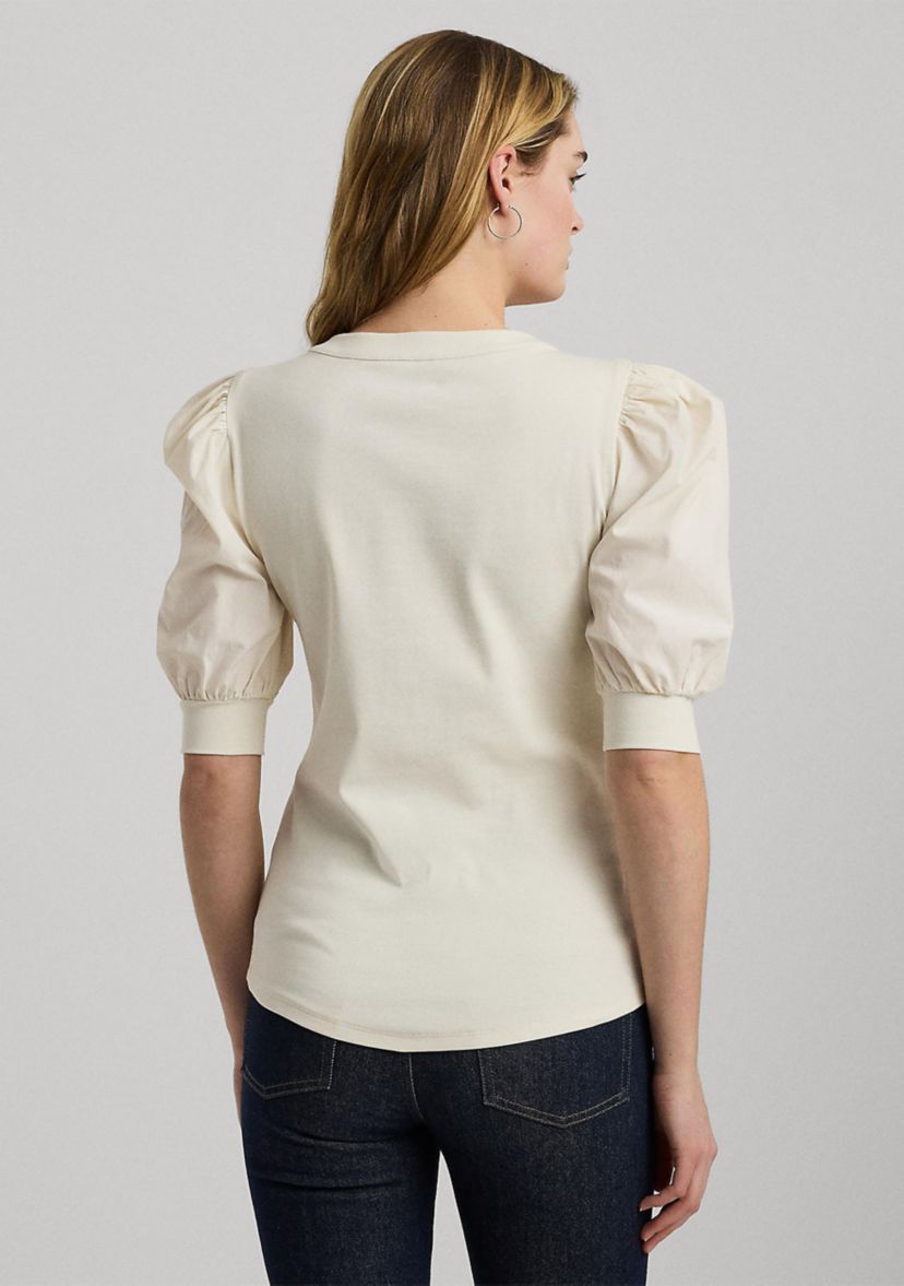 Petite Lace Up Stretch Cotton Puff Sleeve Top