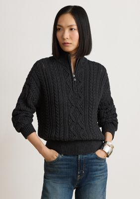 Lauren Ralph Lauren Women's Aran-Knit Cotton Quarter-Zip Pullover, Grey, XL
