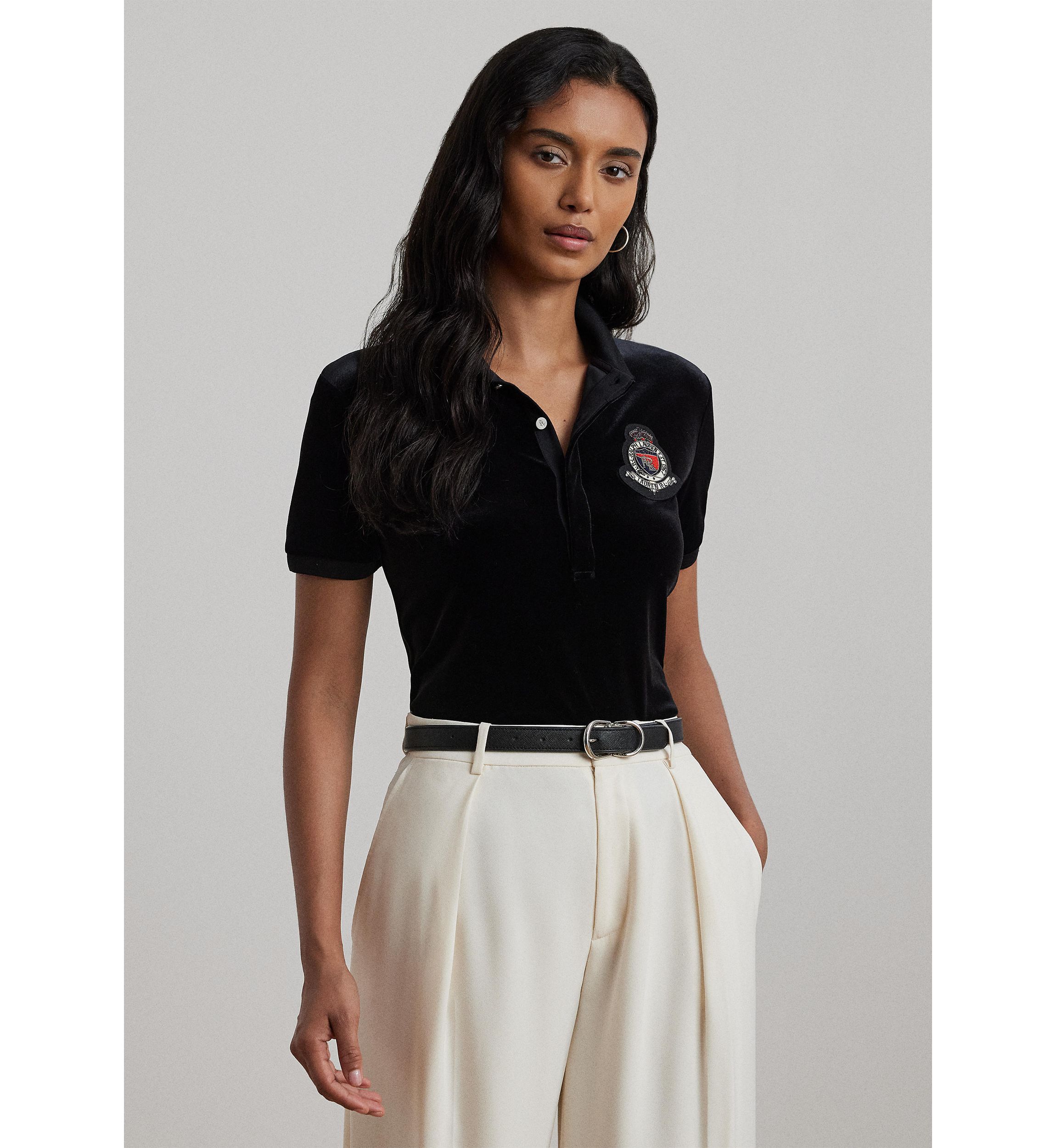 Beaded Crest Stretch Velvet Polo Shirt