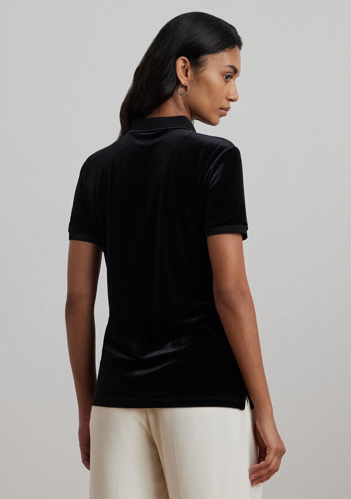 Beaded Crest Stretch Velvet Polo Shirt