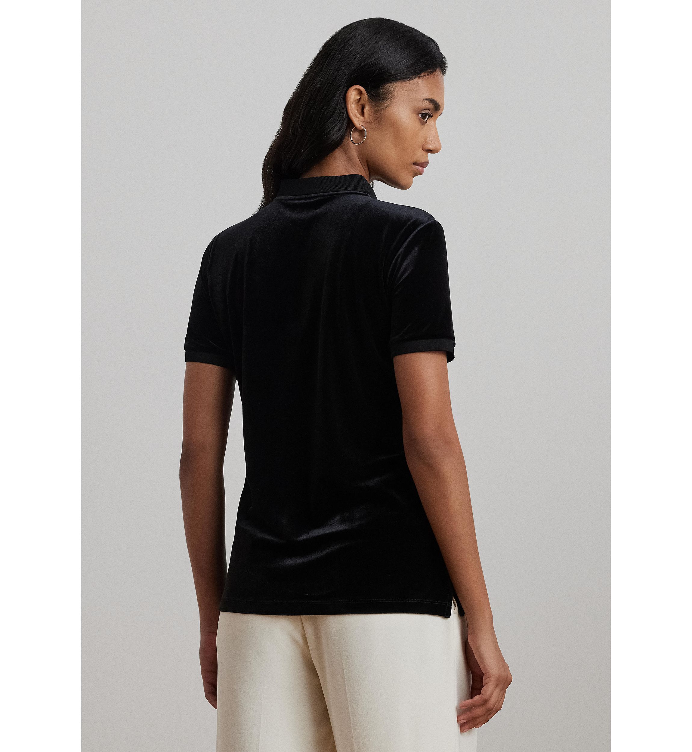 Beaded Crest Stretch Velvet Polo Shirt