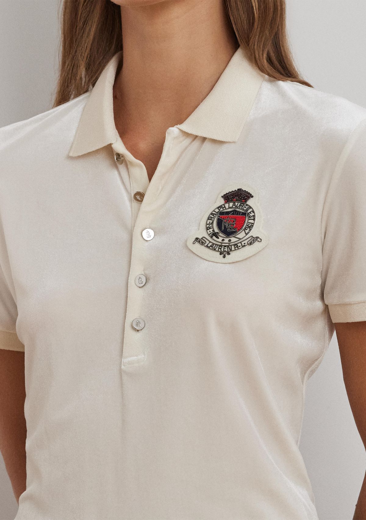 Beaded Crest Stretch Velvet Polo Shirt