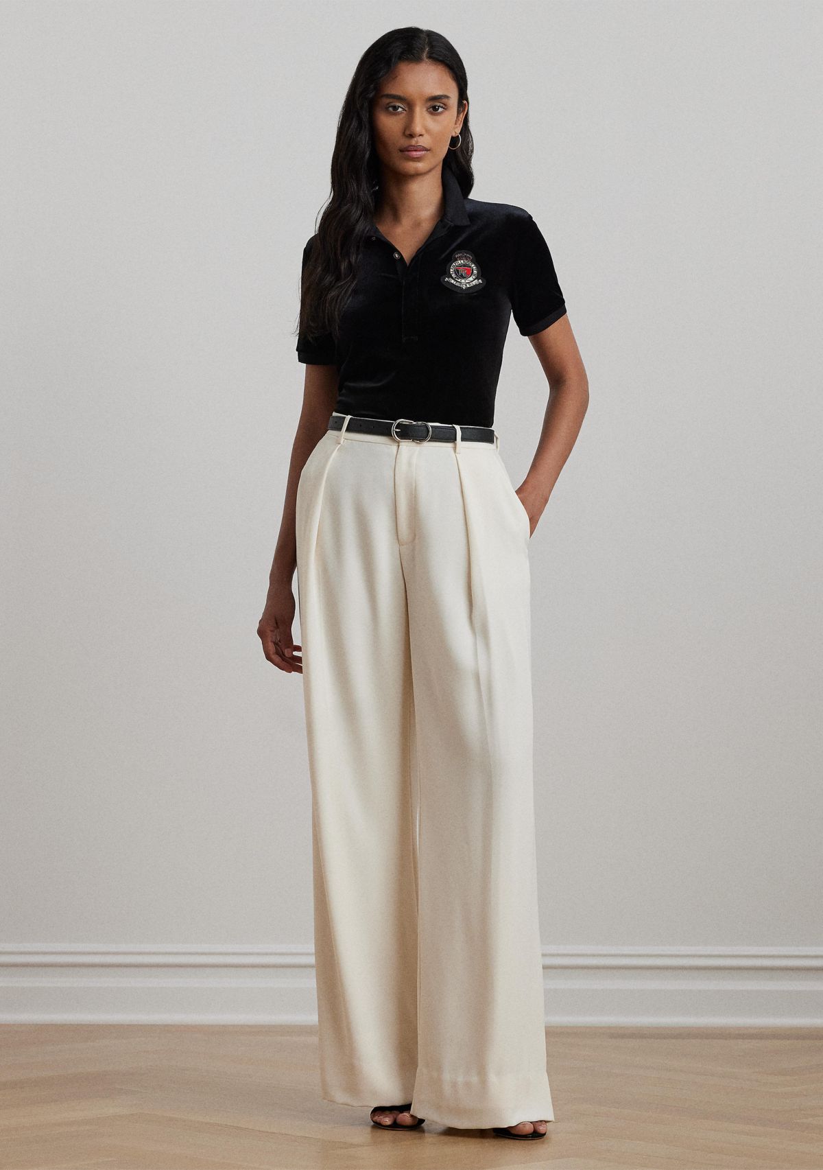 Beaded Crest Stretch Velvet Polo Shirt