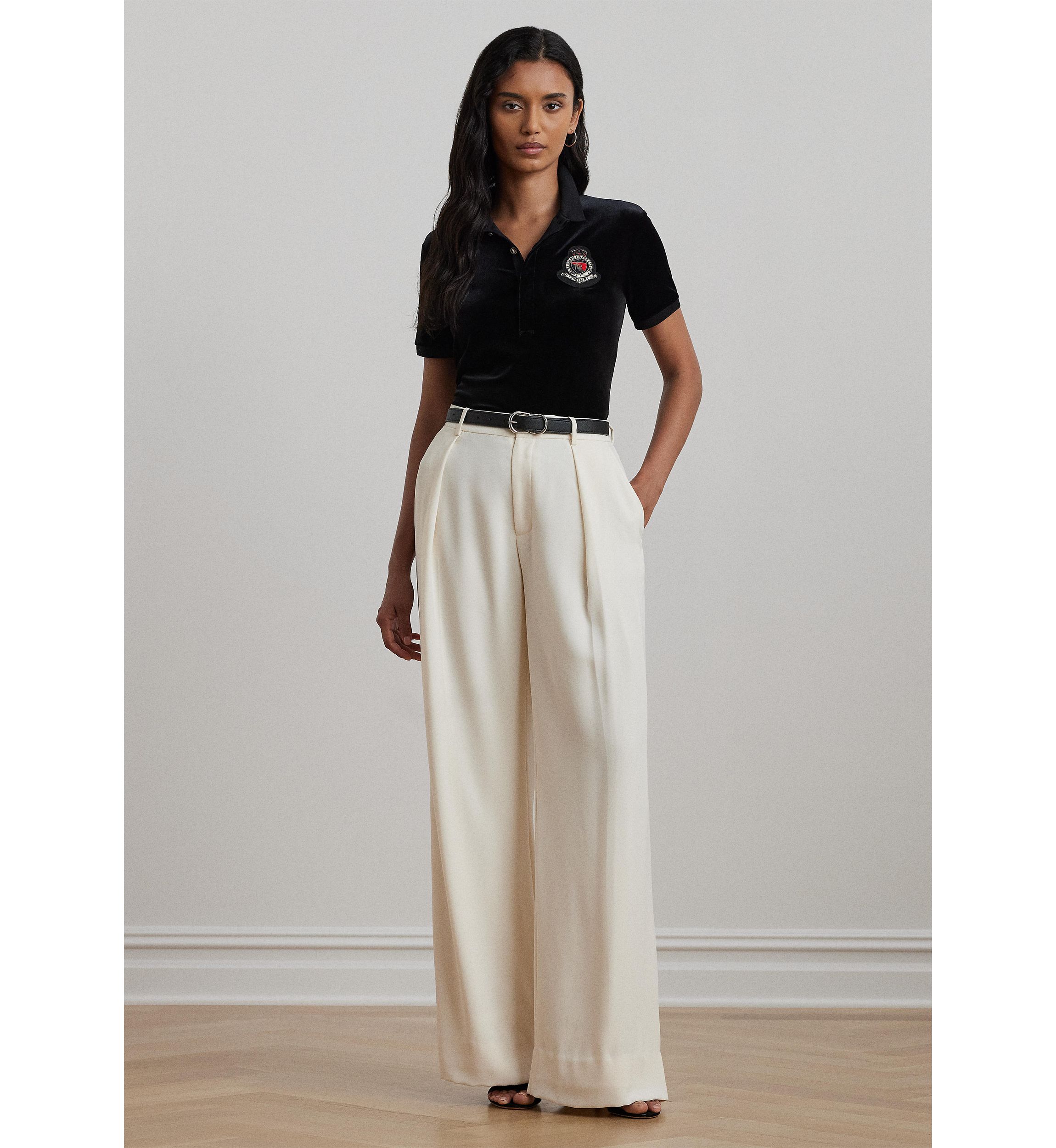 Beaded Crest Stretch Velvet Polo Shirt