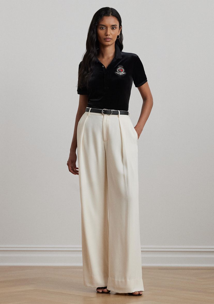 Beaded Crest Stretch Velvet Polo Shirt