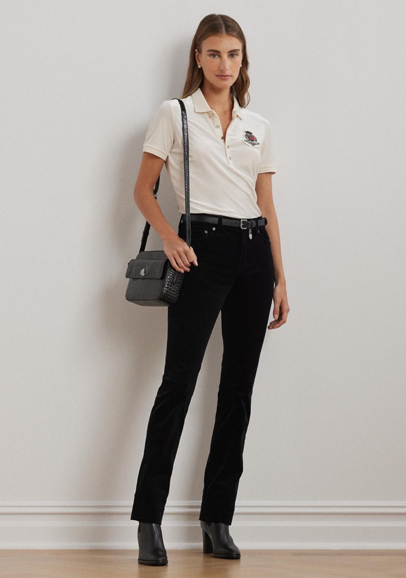 Beaded Crest Stretch Velvet Polo Shirt