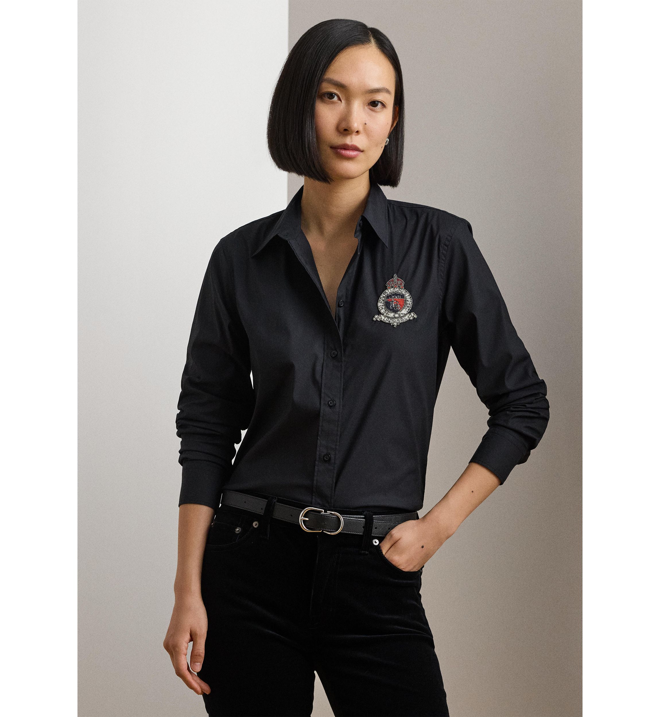 Womens Classic Fit Beaded-Crest Shirt