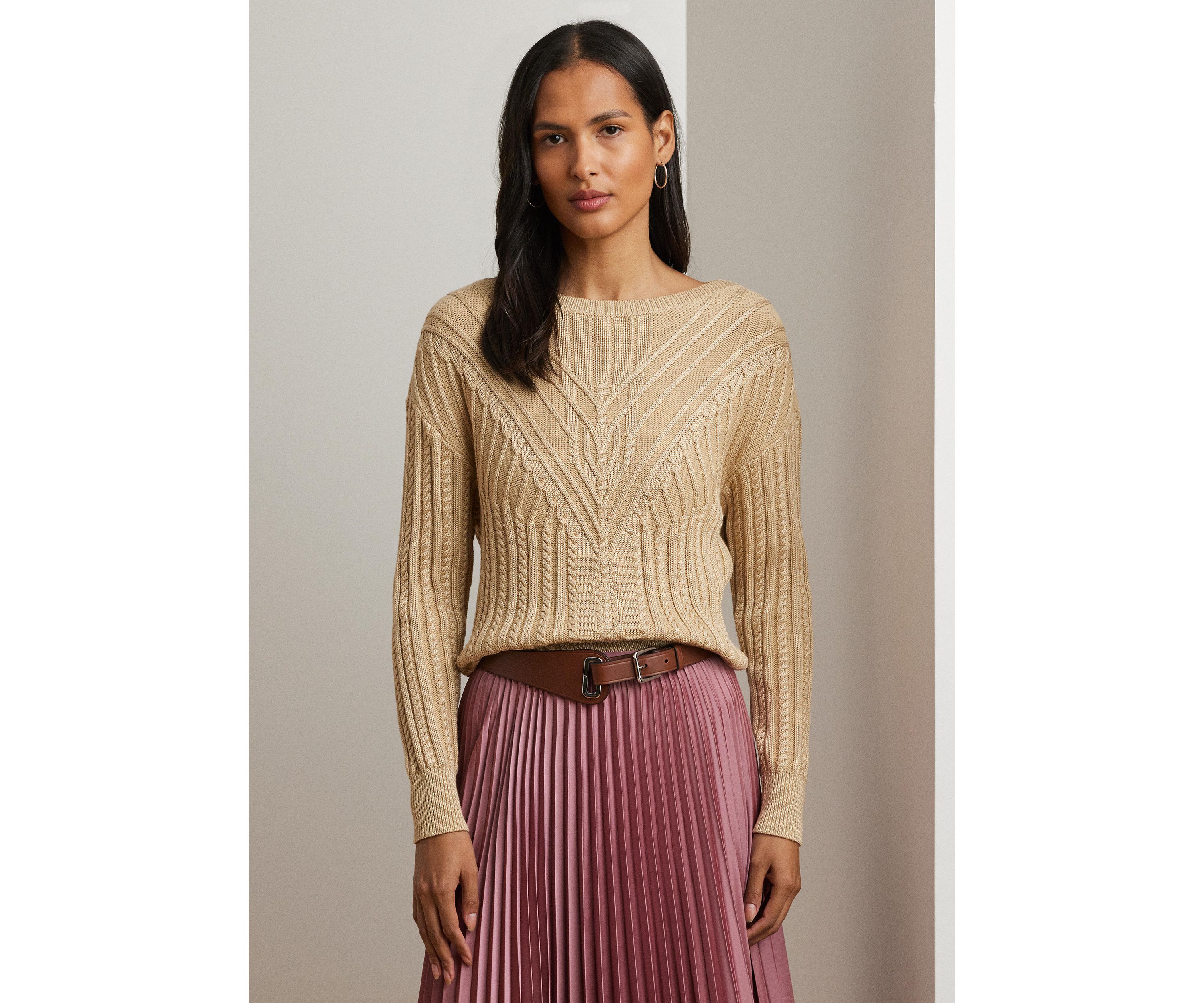 Cable Knit Cotton Blend Boat Neck Sweater