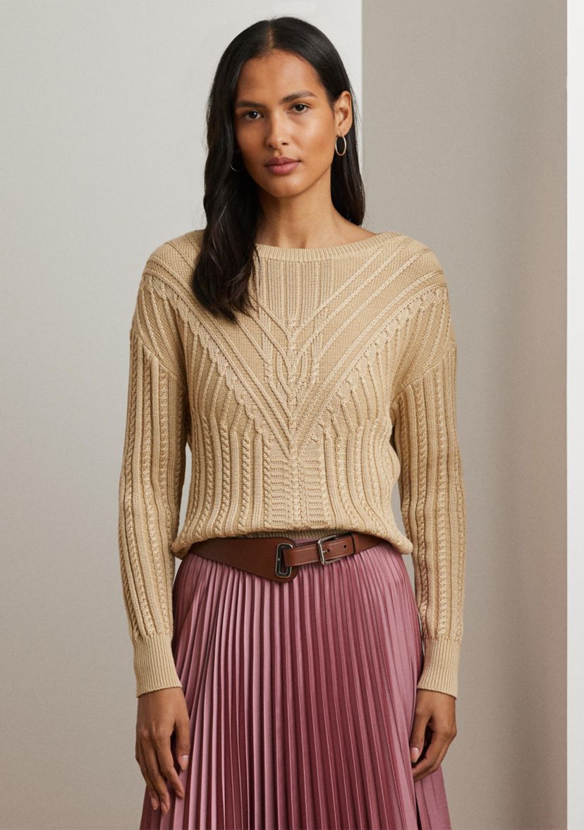 Cable Knit Cotton Blend Boat Neck Sweater