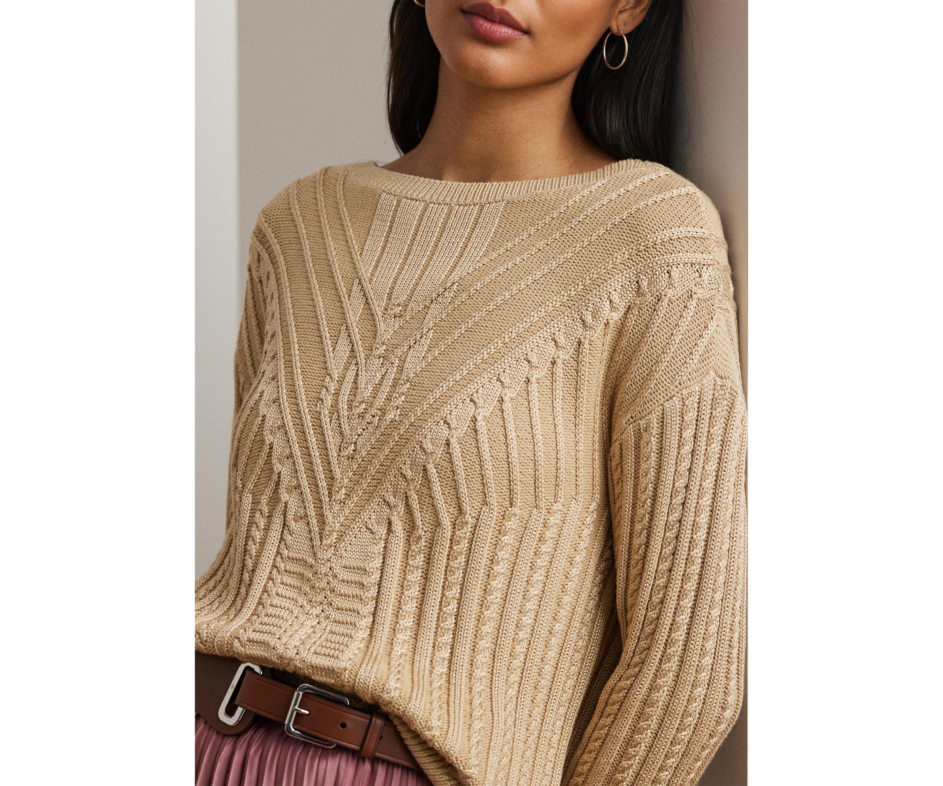 Cable Knit Cotton Blend Boat Neck Sweater