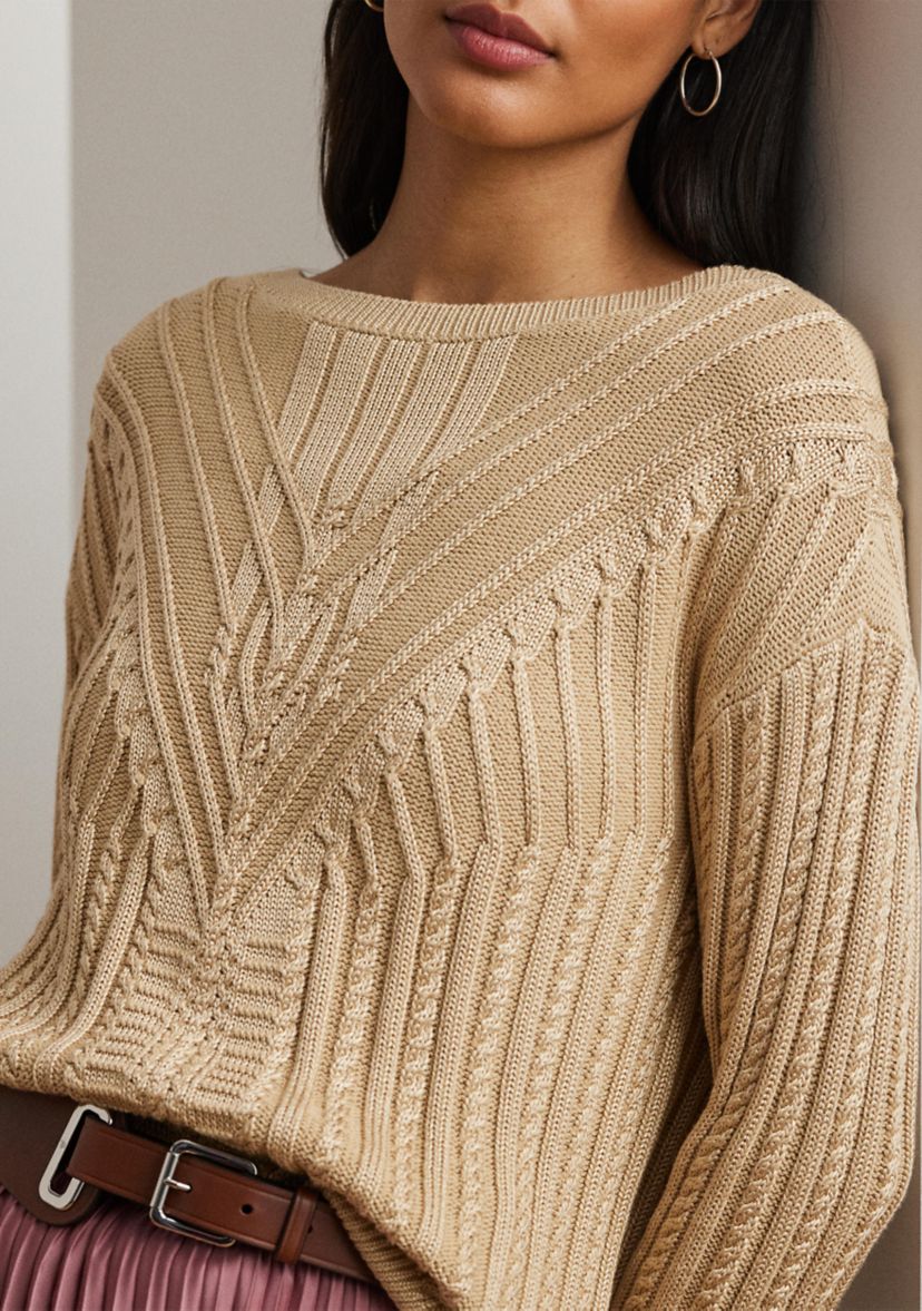 Cable Knit Cotton Blend Boat Neck Sweater