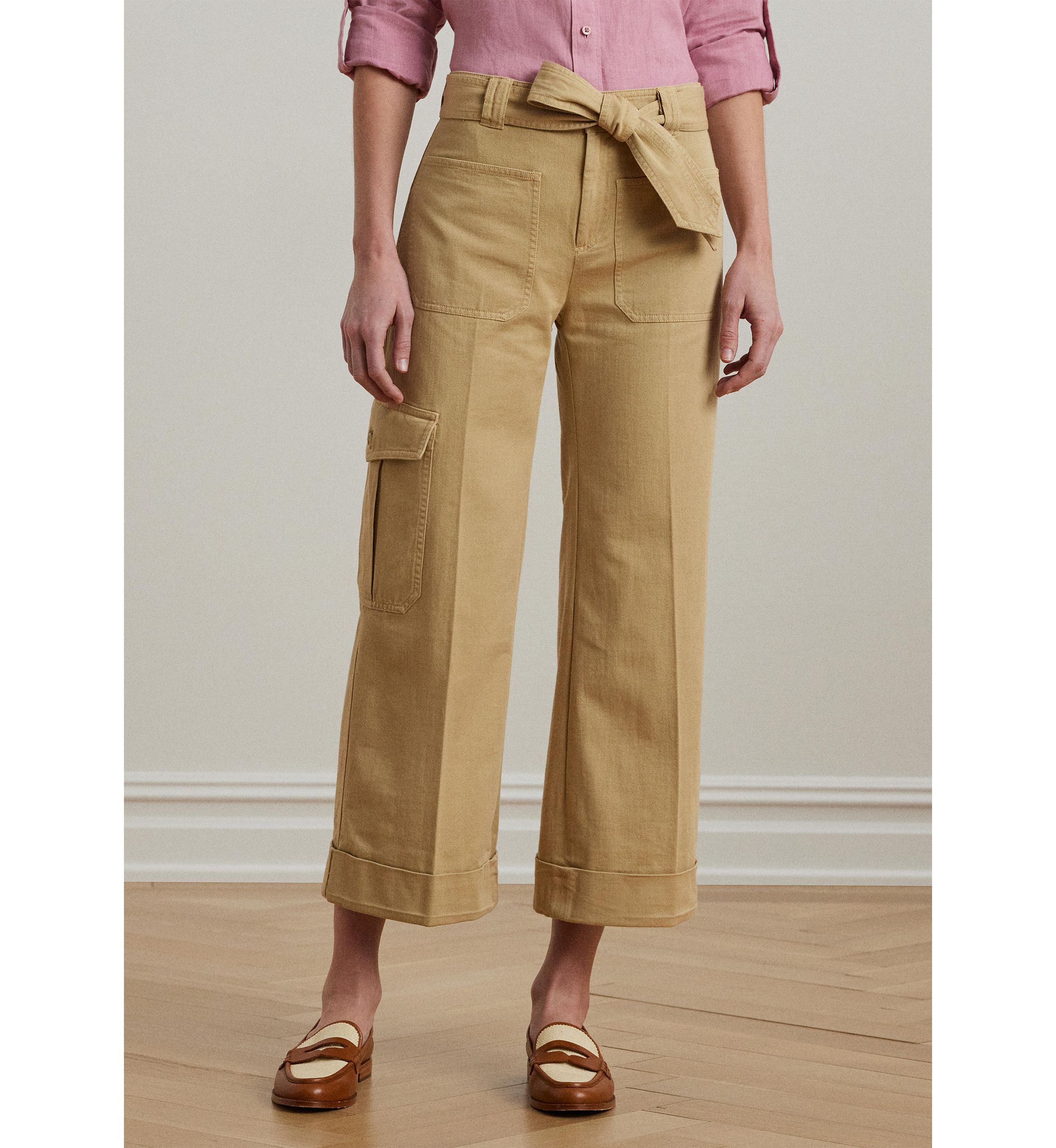 Pleated Cotton Twill Wide Leg Cargo Pants