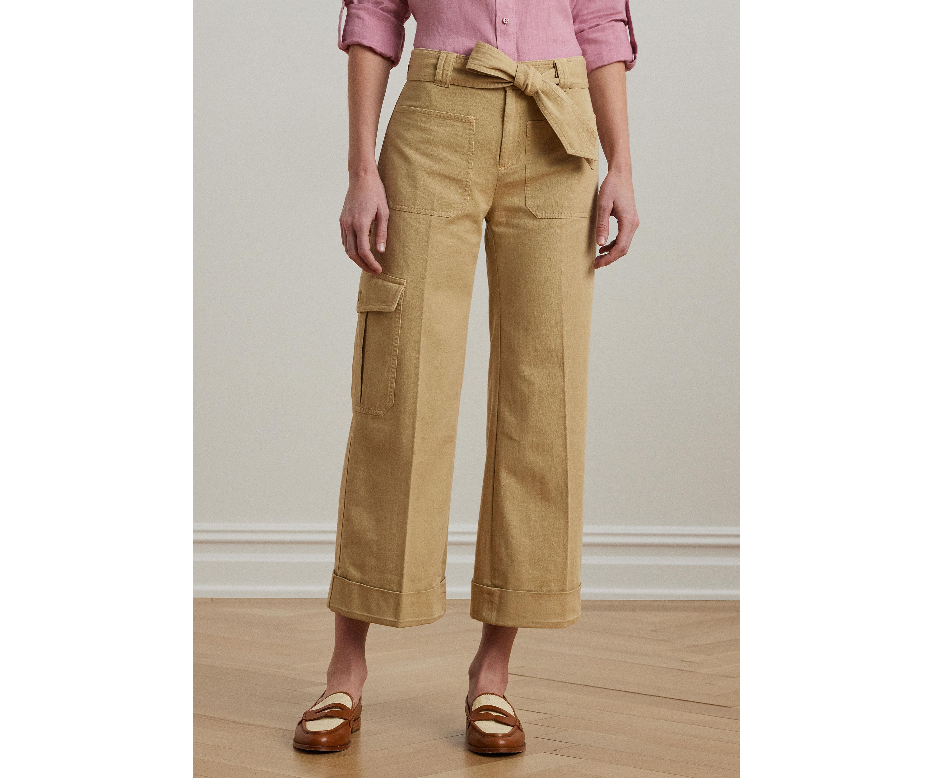 Pleated Cotton Twill Wide Leg Cargo Pants