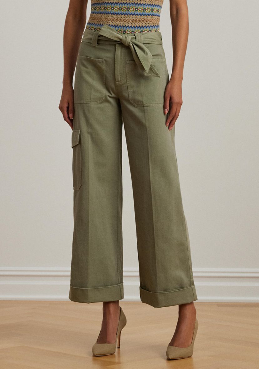 Pleated Cotton Twill Wide Leg Cargo Pants