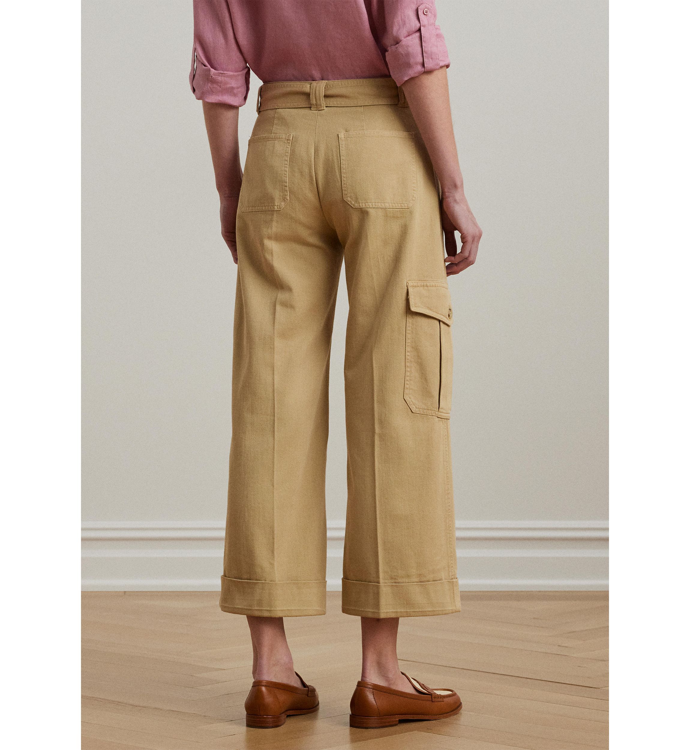 Pleated Cotton Twill Wide Leg Cargo Pants