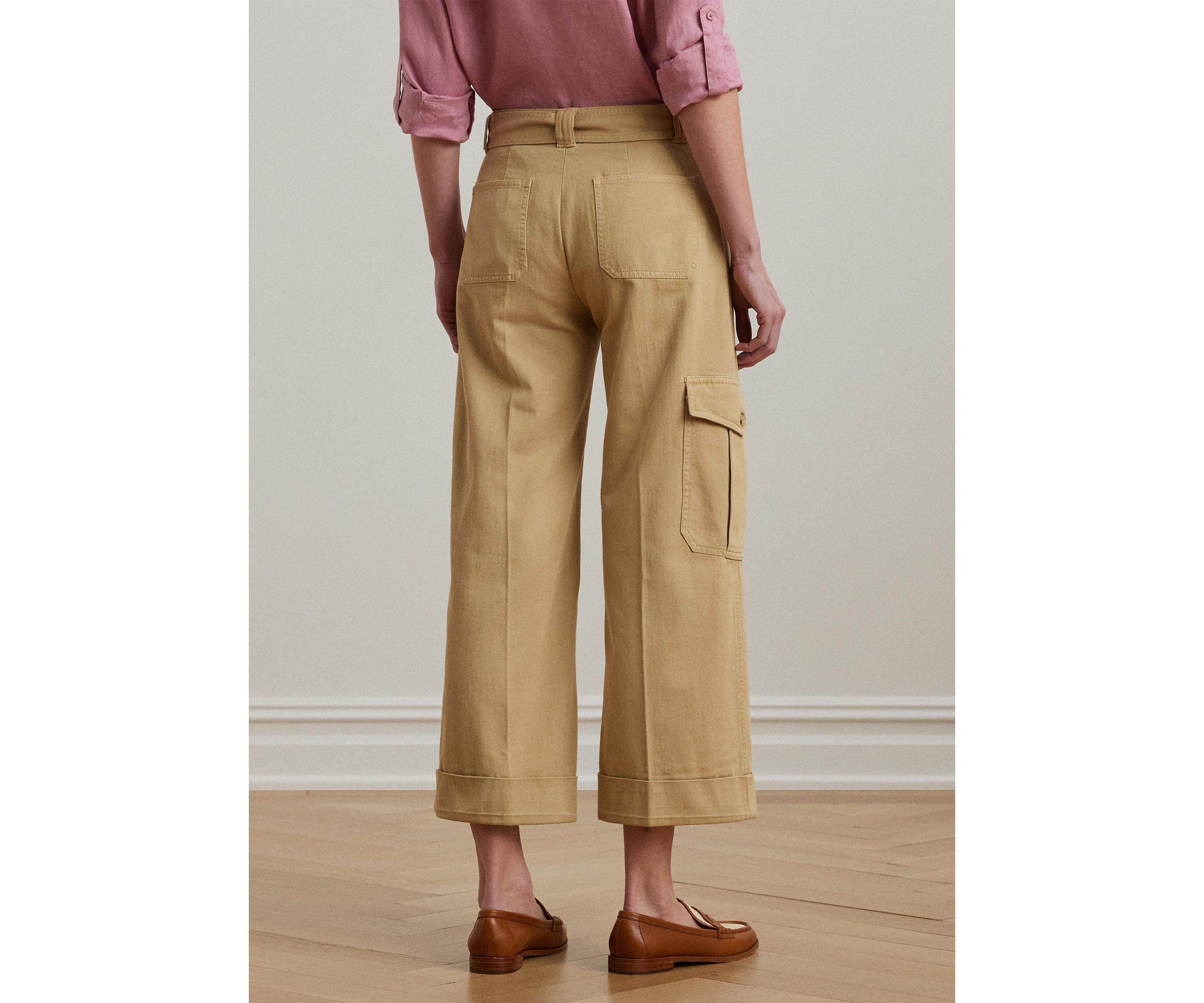 Pleated Cotton Twill Wide Leg Cargo Pants