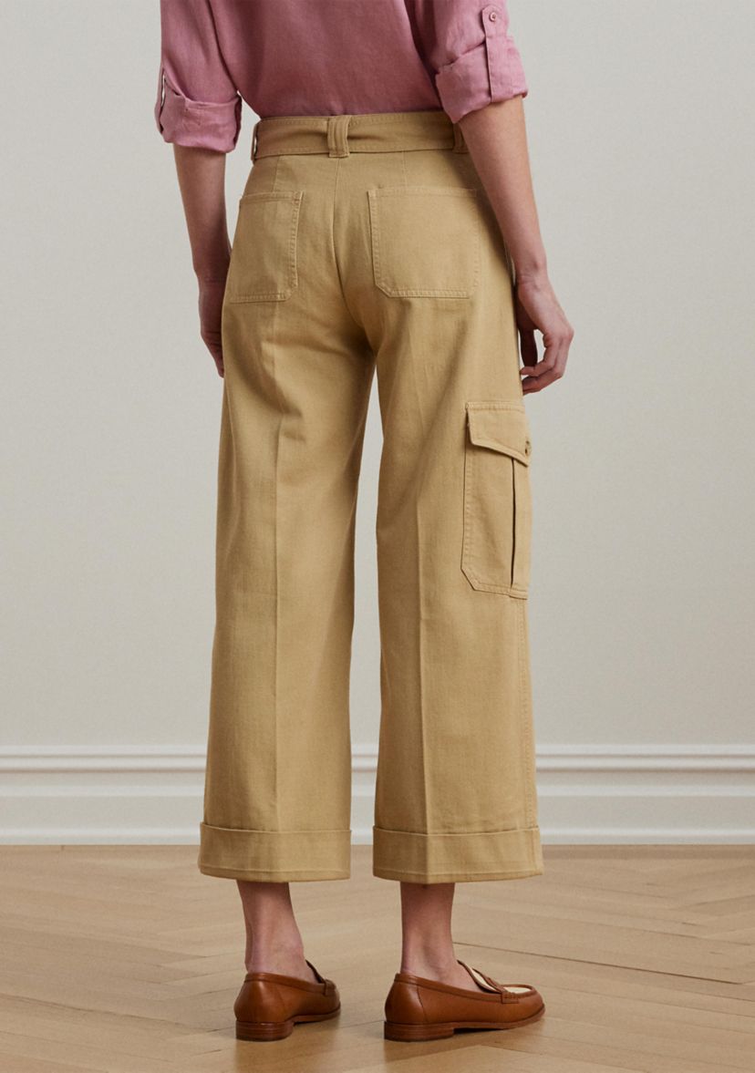 Pleated Cotton Twill Wide Leg Cargo Pants