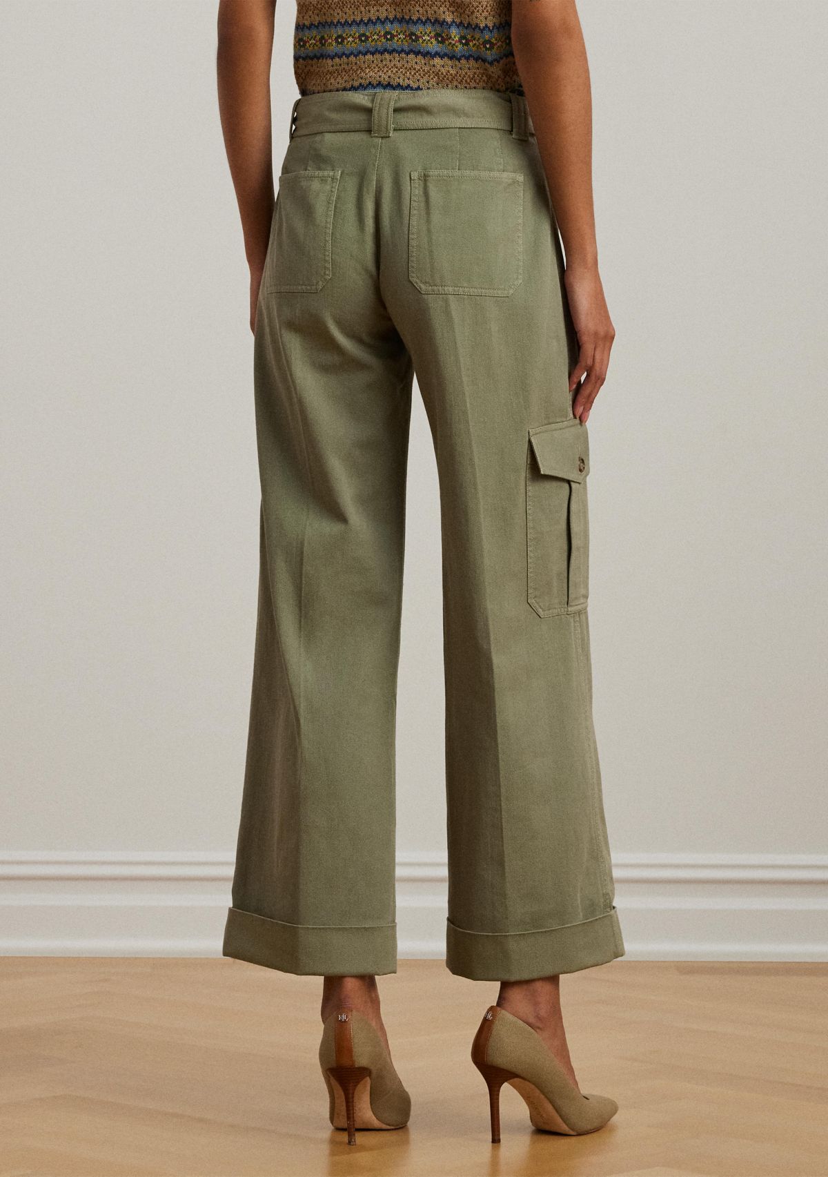 Pleated Cotton Twill Wide Leg Cargo Pants