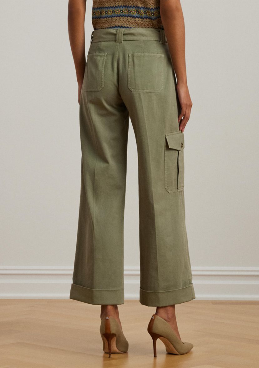 Pleated Cotton Twill Wide Leg Cargo Pants