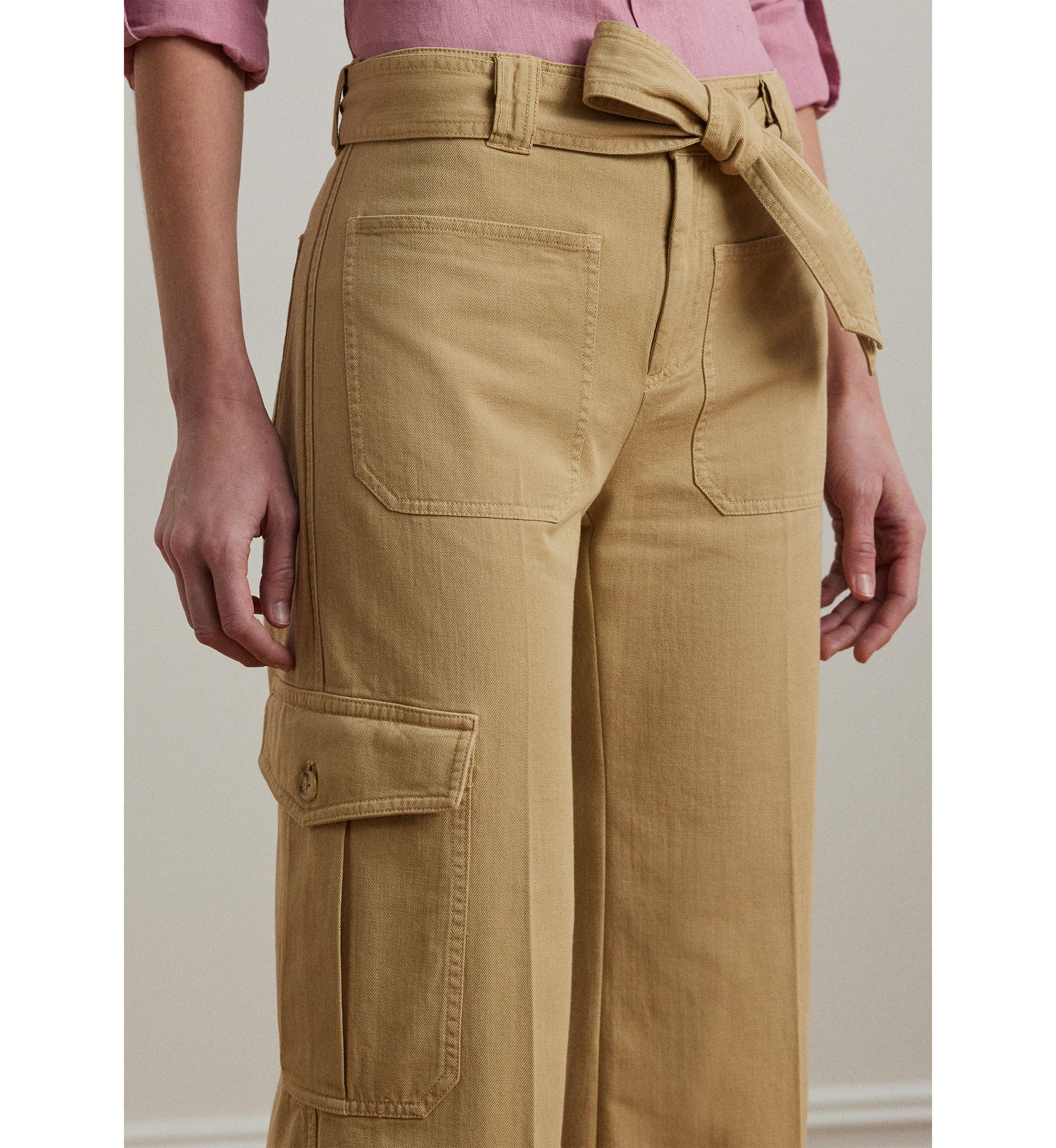 Pleated Cotton Twill Wide Leg Cargo Pants