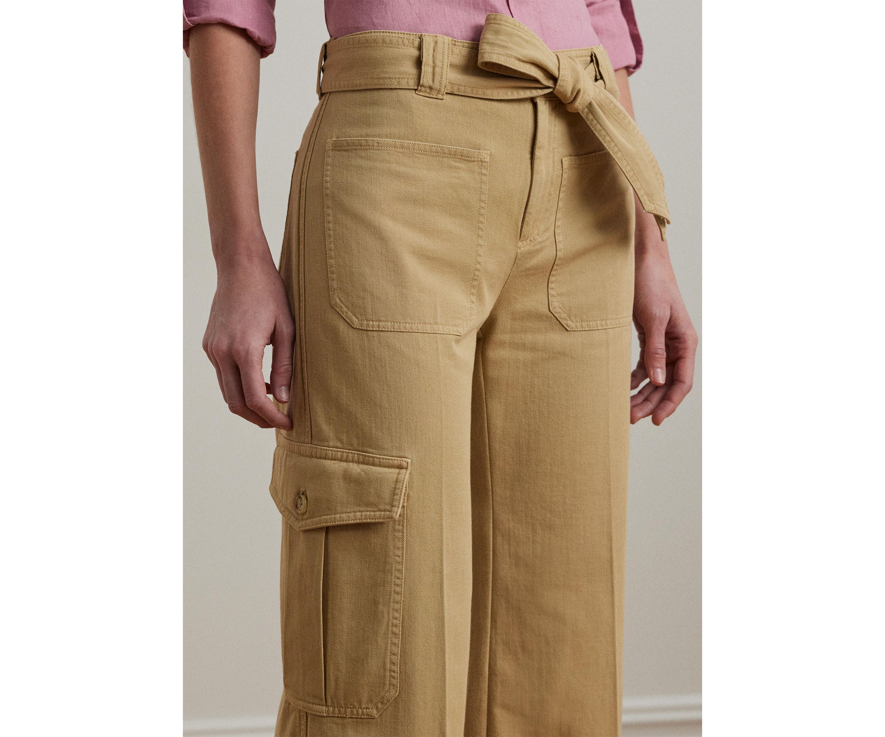 Pleated Cotton Twill Wide Leg Cargo Pants