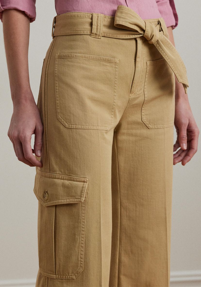 Pleated Cotton Twill Wide Leg Cargo Pants