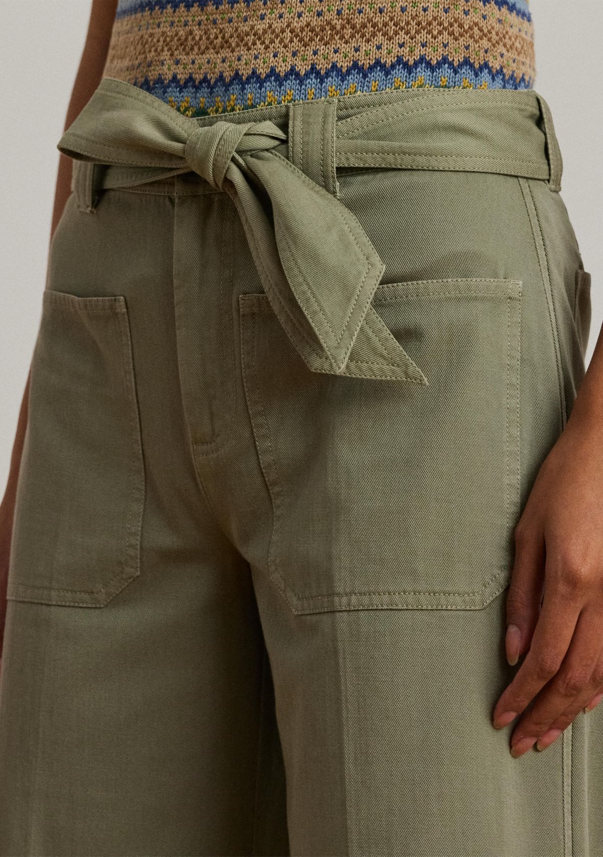 Pleated Cotton Twill Wide Leg Cargo Pants