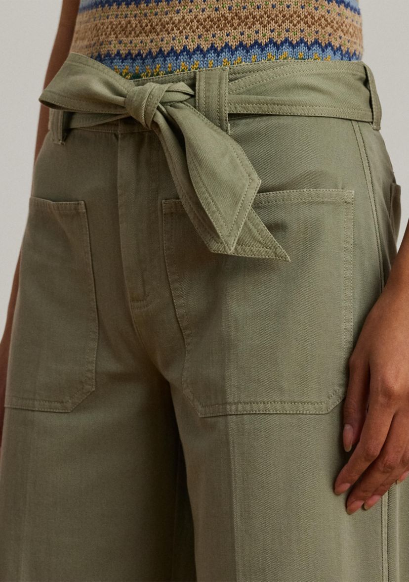 Pleated Cotton Twill Wide Leg Cargo Pants