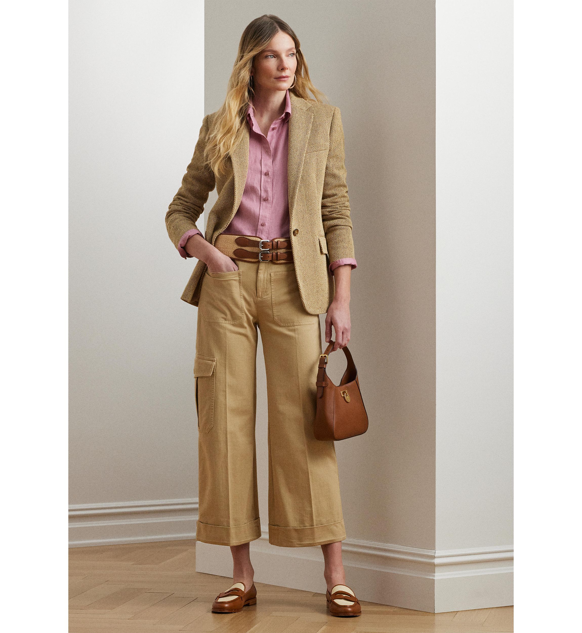 Pleated Cotton Twill Wide Leg Cargo Pants