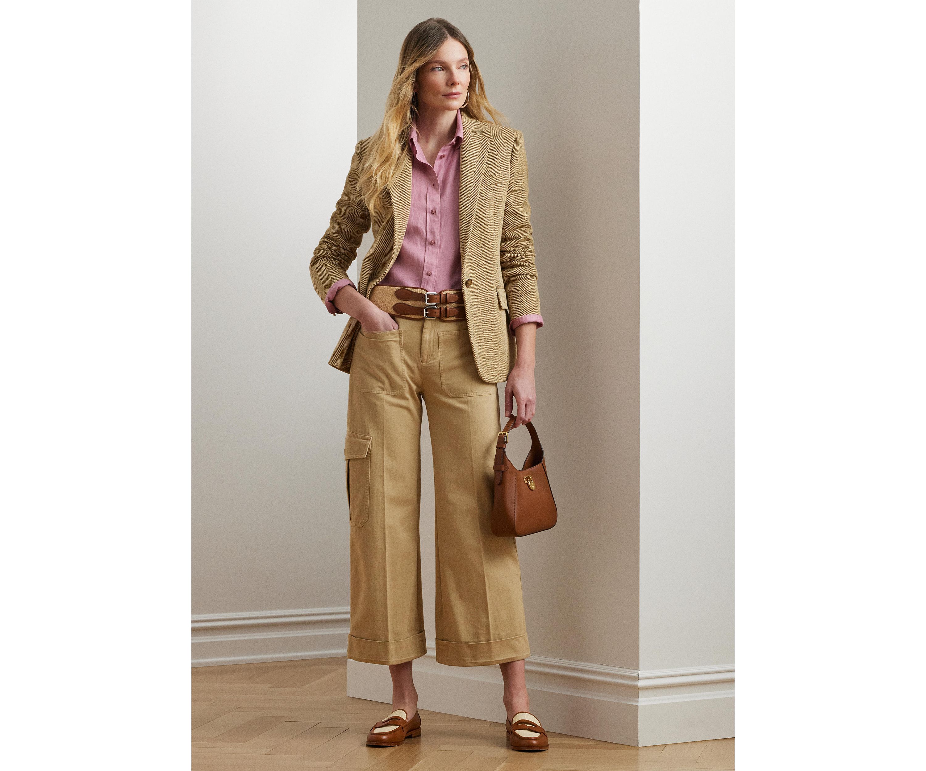 Pleated Cotton Twill Wide Leg Cargo Pants