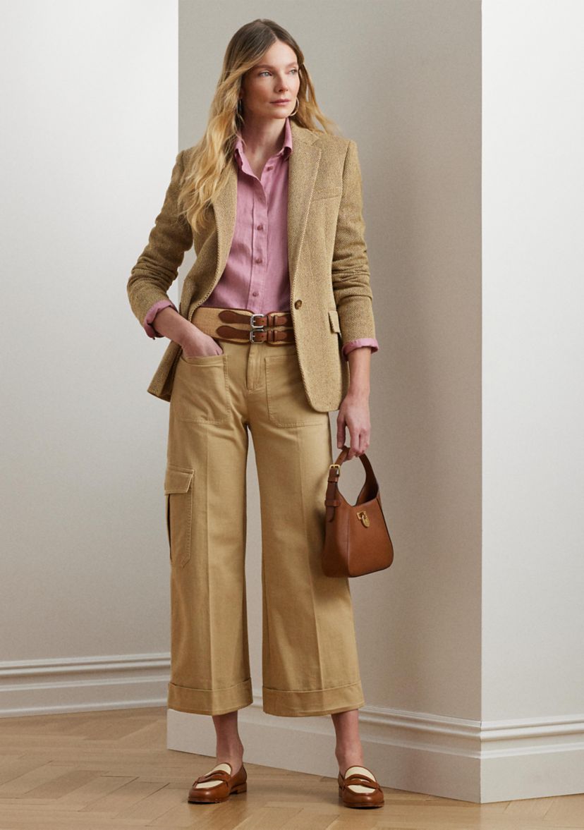 Pleated Cotton Twill Wide Leg Cargo Pants