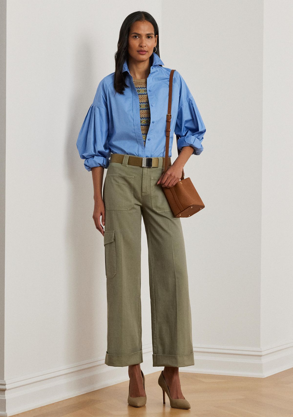 Pleated Cotton Twill Wide Leg Cargo Pants