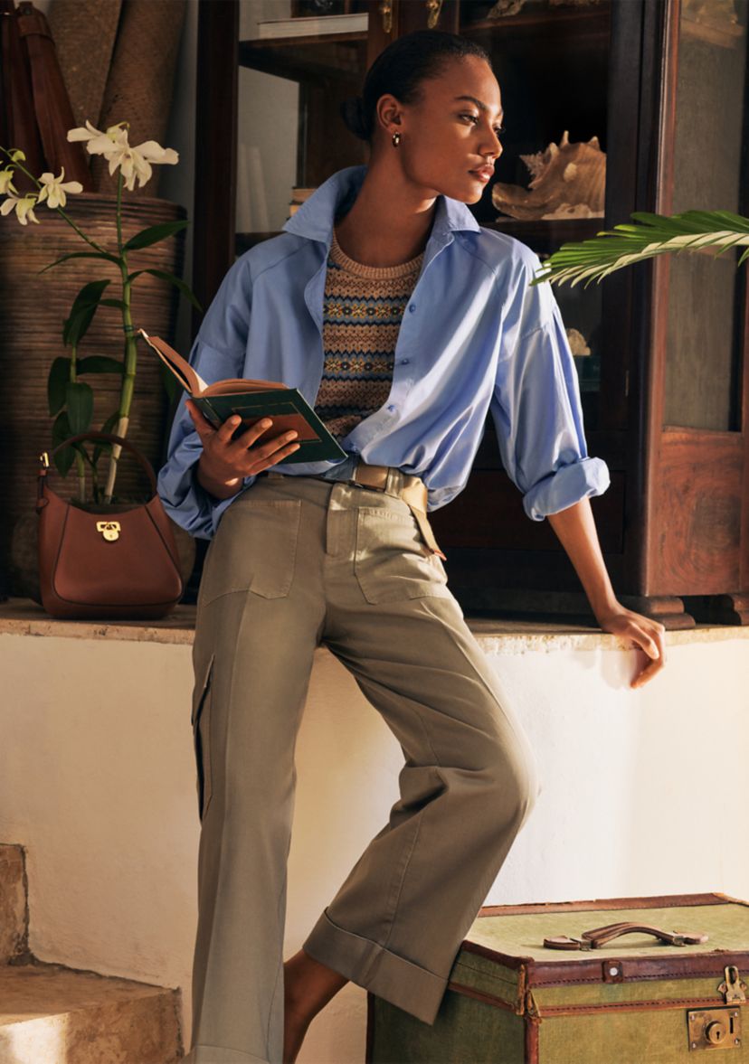 Pleated Cotton Twill Wide Leg Cargo Pants