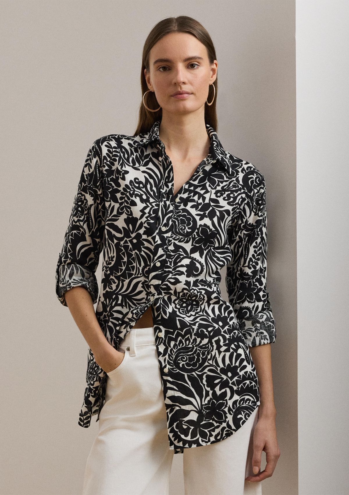 Womens Relaxed Fit Floral Linen Shirt