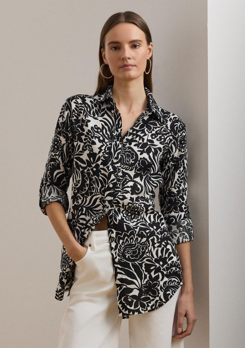 Womens Relaxed Fit Floral Linen Shirt