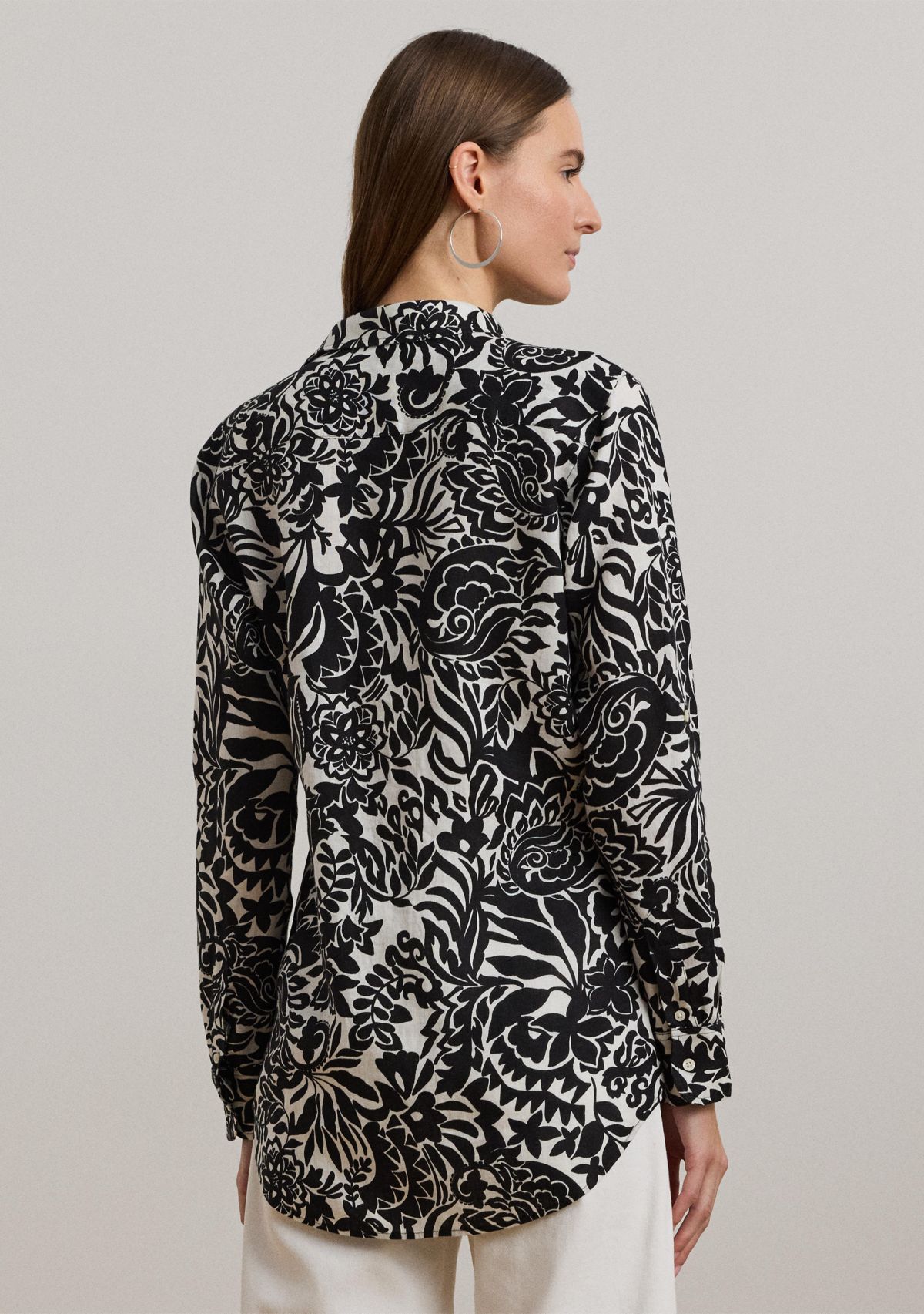 Womens Relaxed Fit Floral Linen Shirt