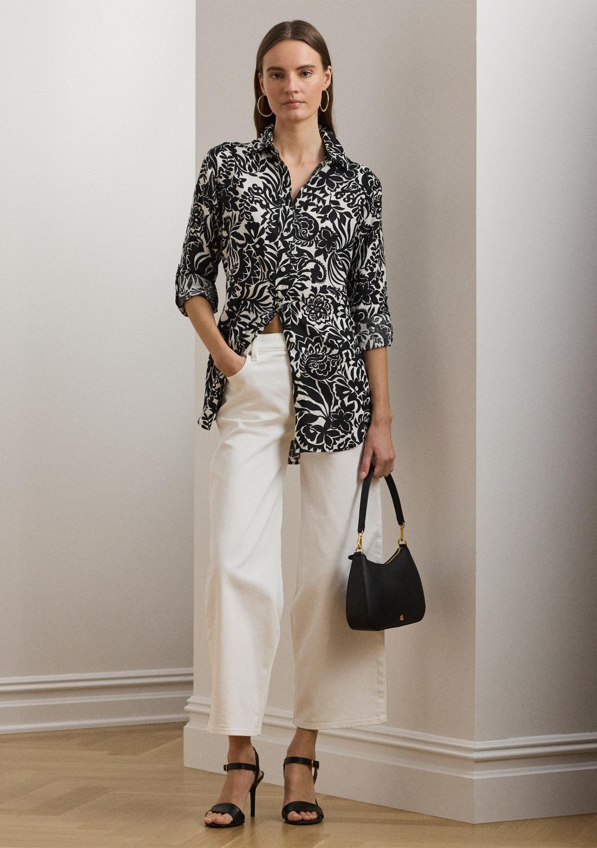 Womens Relaxed Fit Floral Linen Shirt