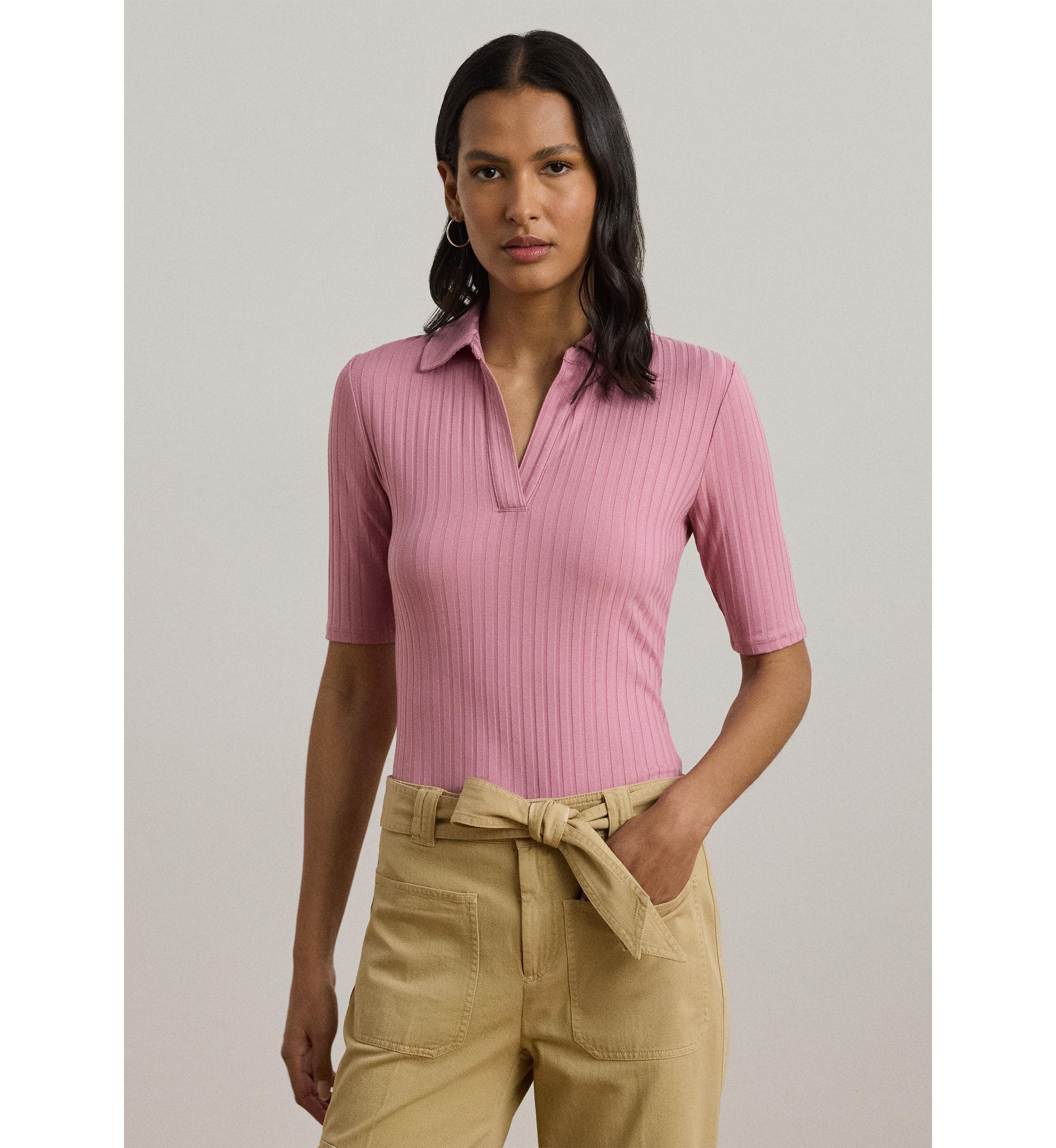 Womens Rib-Knit Elbow-Sleeve Polo T-Shirt