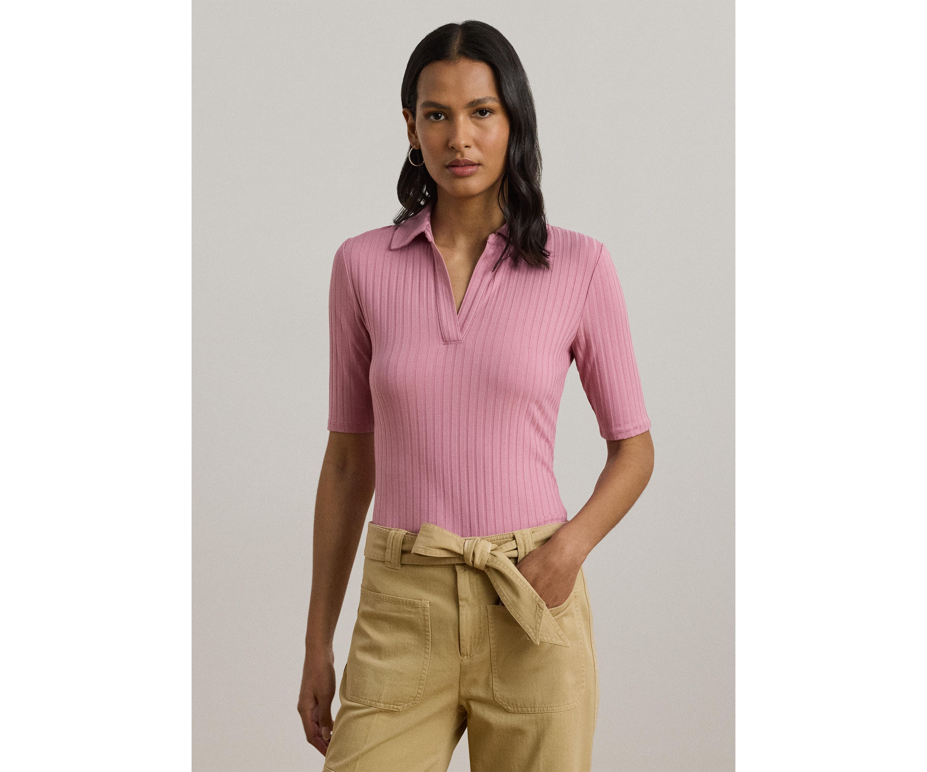 Womens Rib-Knit Elbow-Sleeve Polo T-Shirt