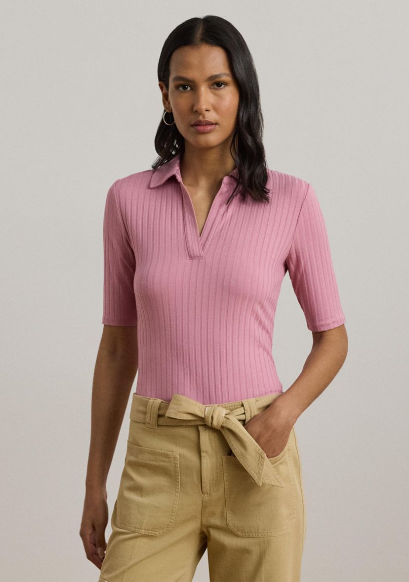 Womens Rib-Knit Elbow-Sleeve Polo T-Shirt