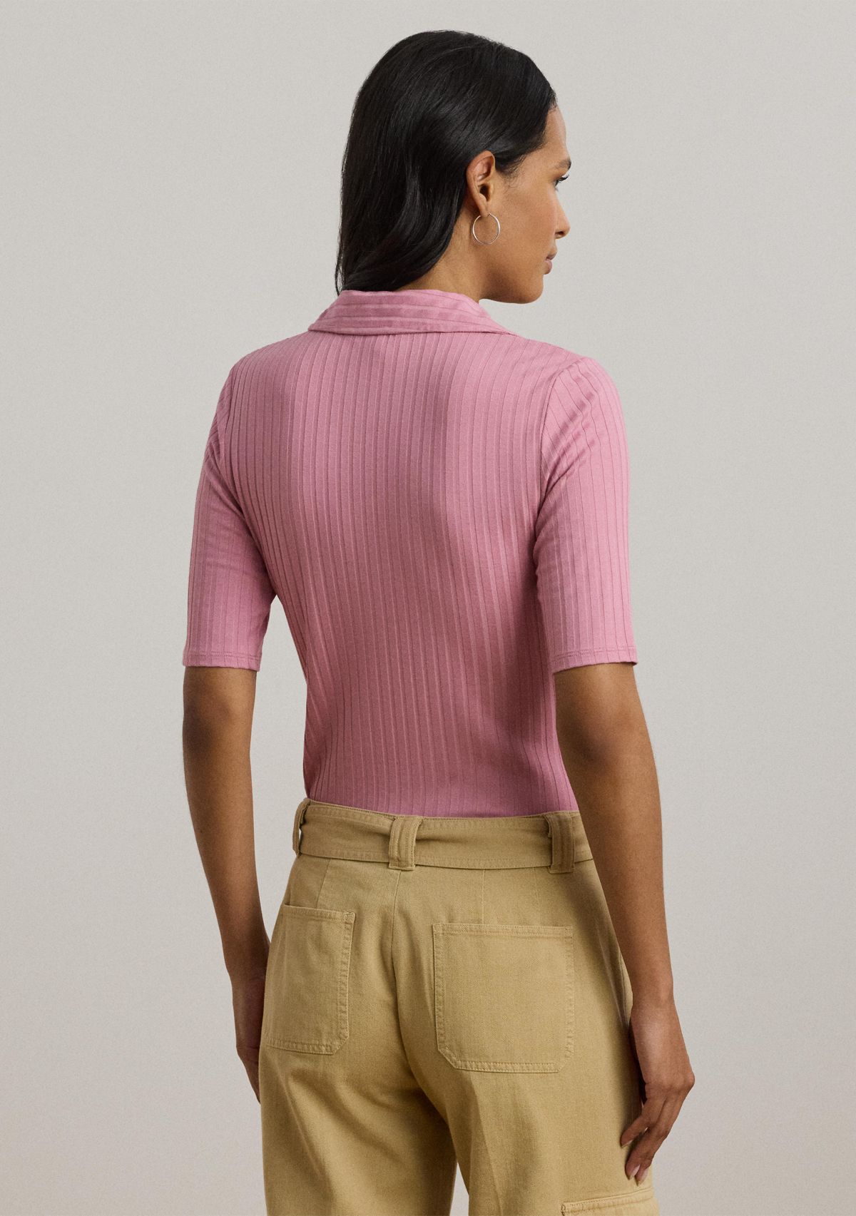 Womens Rib-Knit Elbow-Sleeve Polo T-Shirt