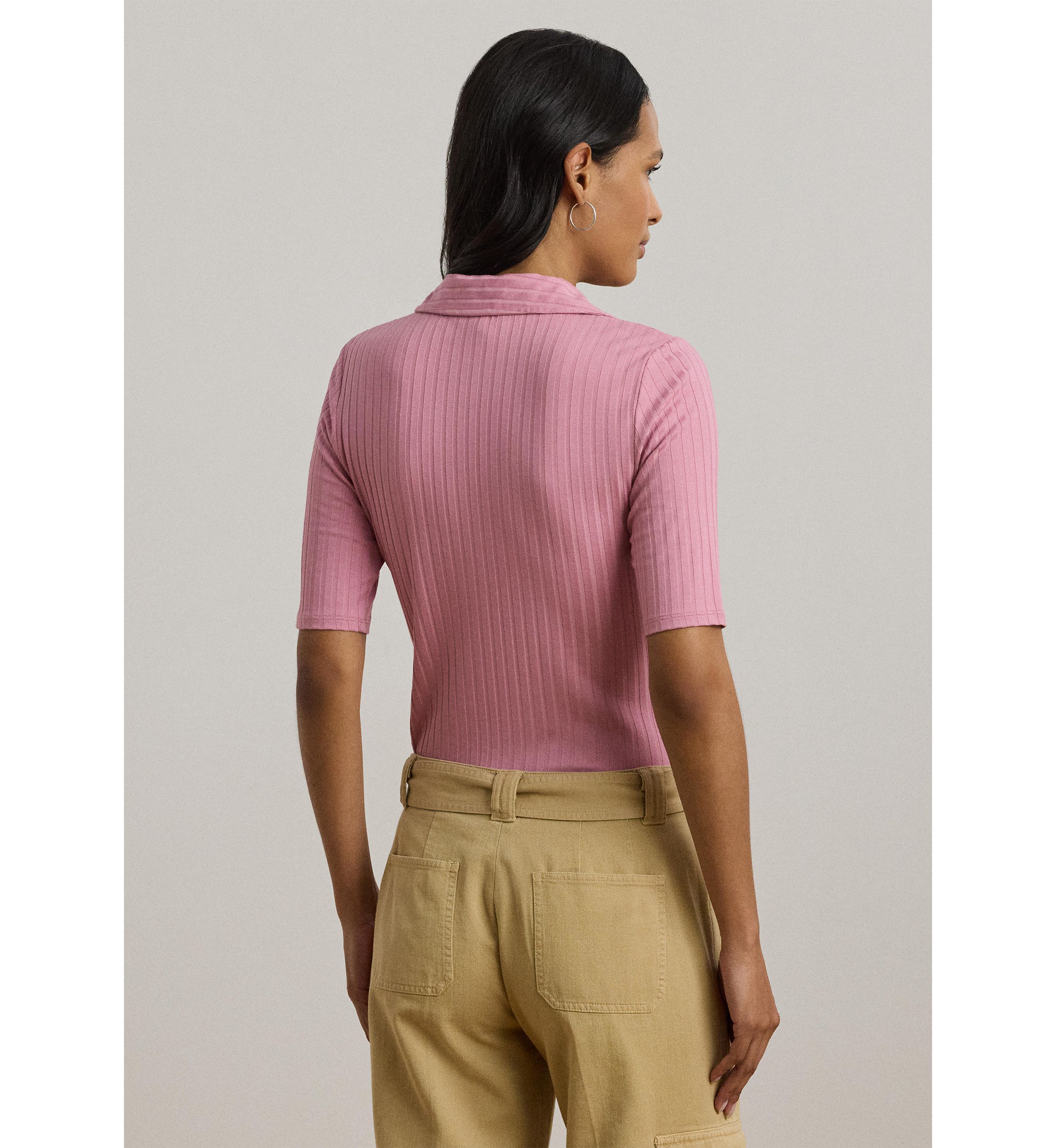Womens Rib-Knit Elbow-Sleeve Polo T-Shirt
