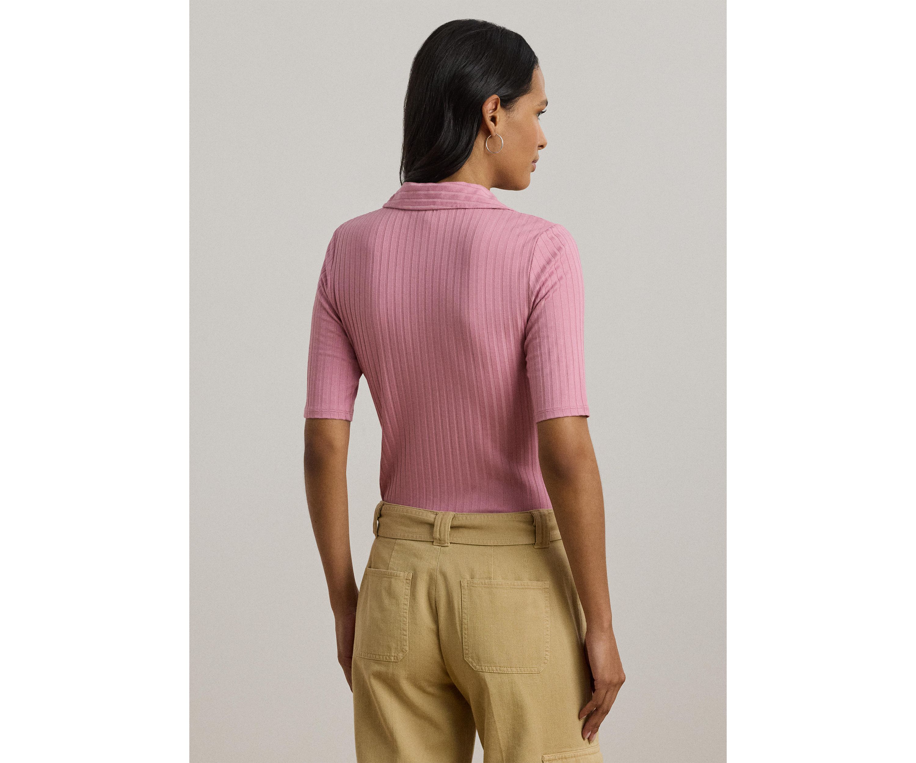 Womens Rib-Knit Elbow-Sleeve Polo T-Shirt