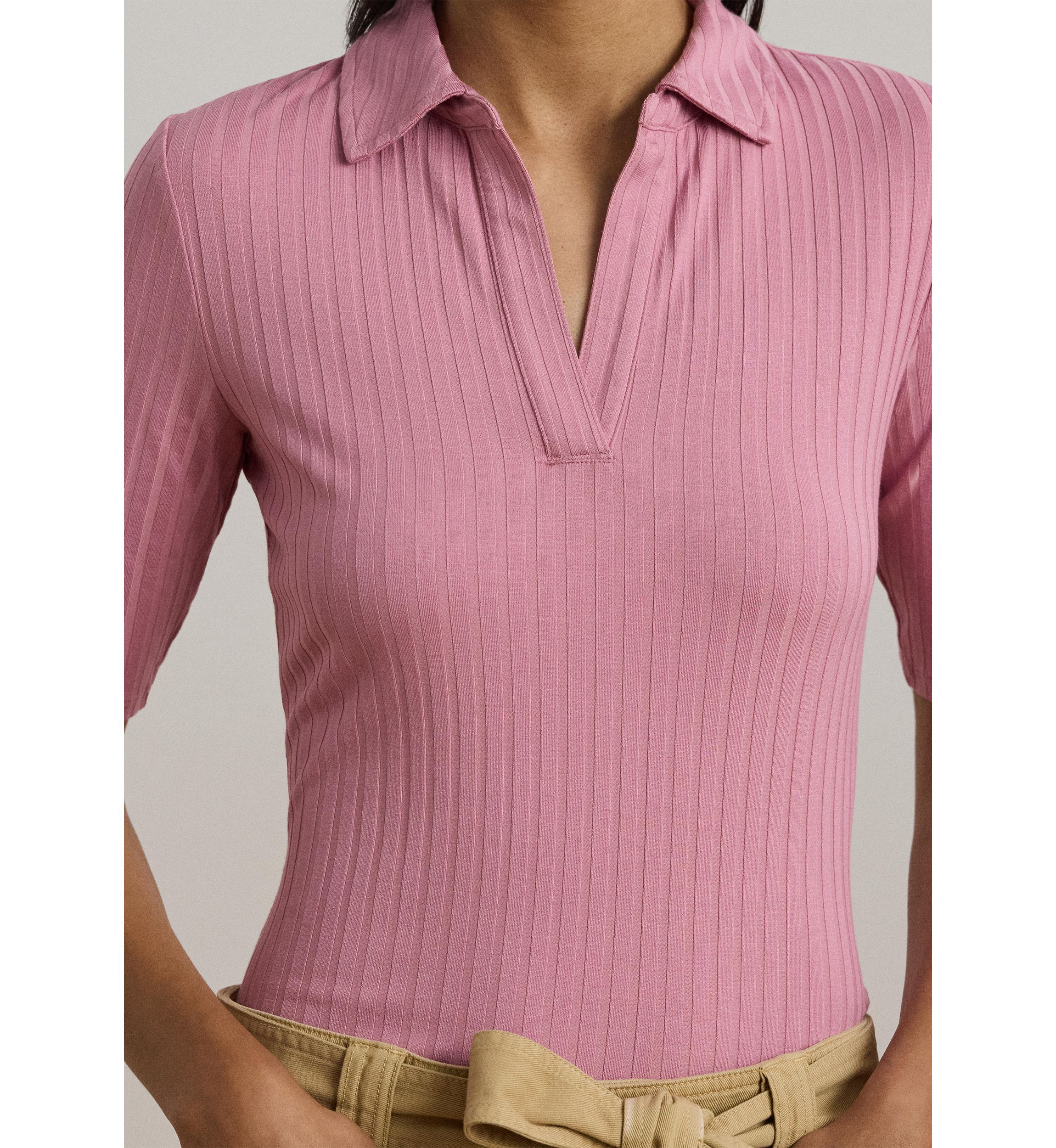 Womens Rib-Knit Elbow-Sleeve Polo T-Shirt